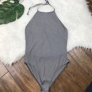 Nasty Gal Black and White Stripe Halter Bodysuit